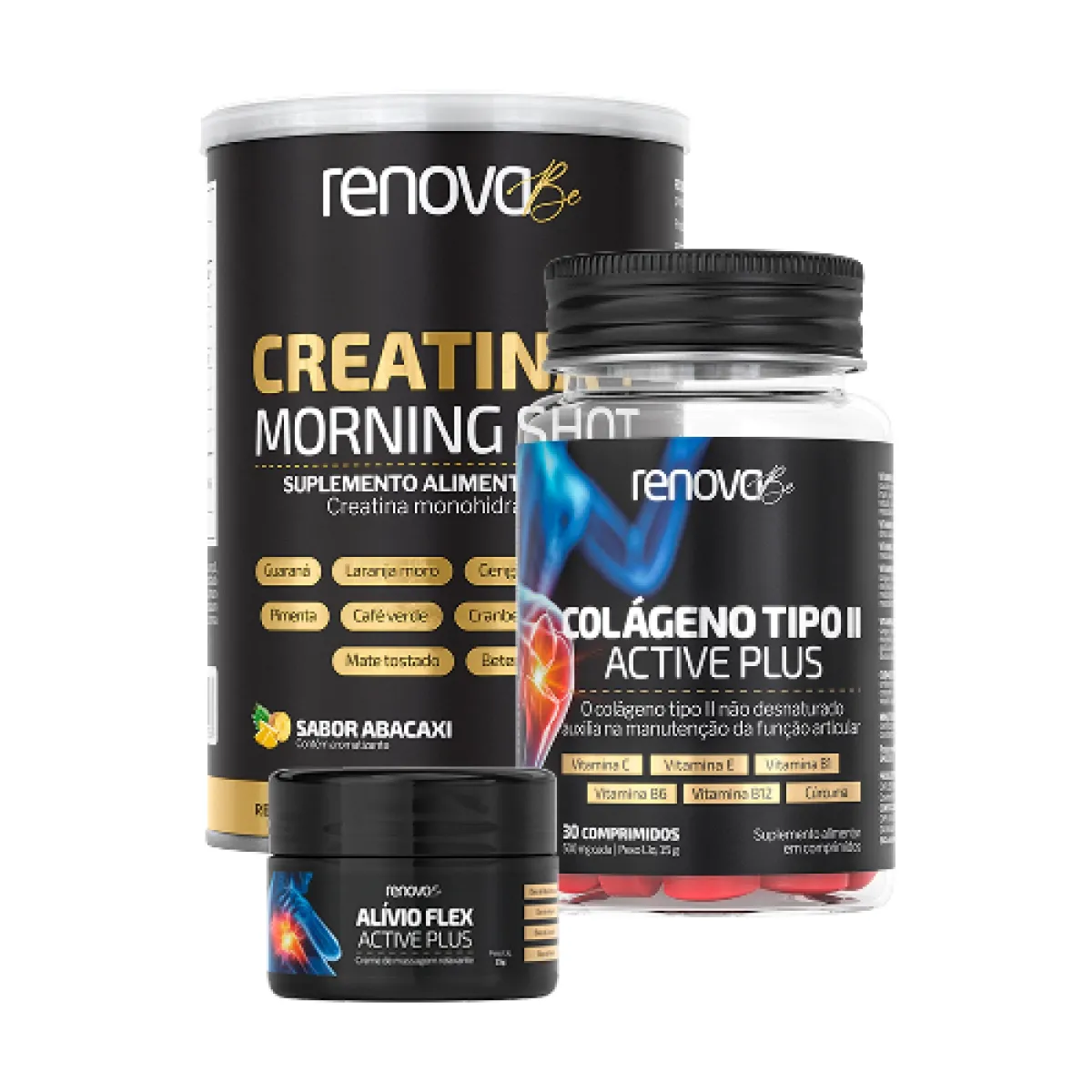 Kit Creatina Morning Shot + Colágeno Tipo 2 + Alívio Flex - Conjunto Completo